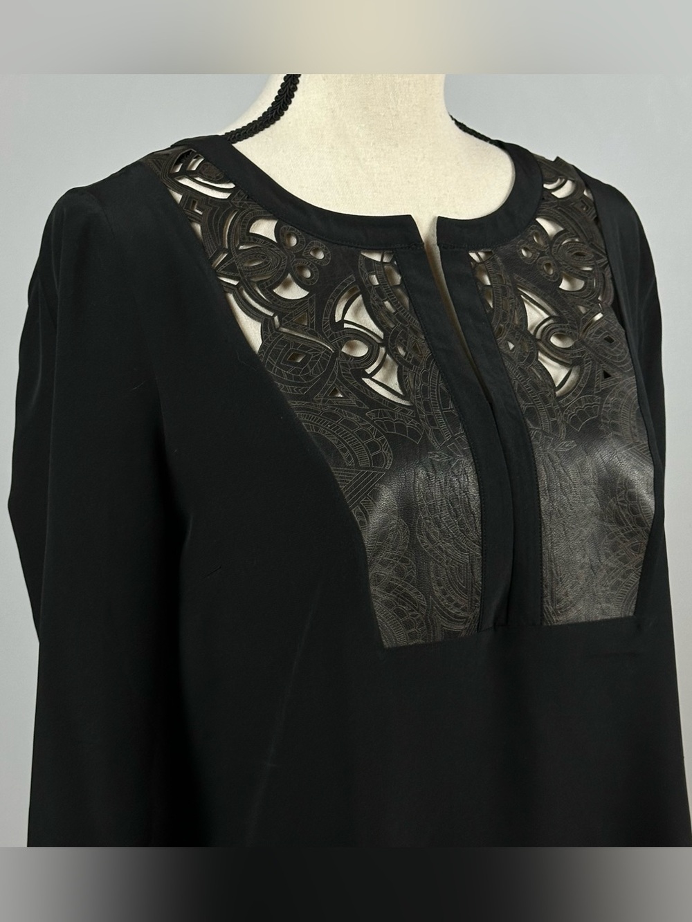 TWELFTH STREET by Cynthia Vincent Silk & Leather Yoke Blouse - size small